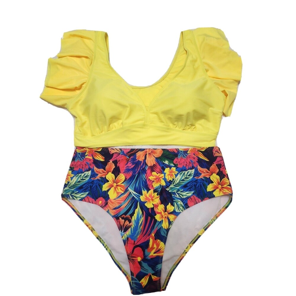 Womens Plus Size 3XL Swim Suit 2 Pc. Yellow Blue Tropical Tankini & bottom  NWOT